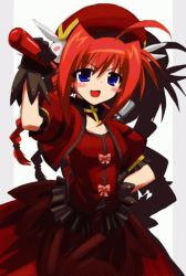 Rule 34 | 00s, 1girl, :d, ahoge, beret, blush, collarbone, dress, graf eisen, hat, looking at viewer, lyrical nanoha, mahou shoujo lyrical nanoha, mahou shoujo lyrical nanoha a&#039;s, open mouth, puffy short sleeves, puffy sleeves, red dress, short sleeves, simple background, smile, solo, vita (nanoha), white background