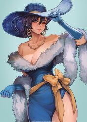 Rule 34 | 1girl, ;), arm up, bare shoulders, bead necklace, beads, black hair, blue dress, blue gloves, blue headwear, bow, breasts, cleavage, collarbone, cowboy shot, dress, earrings, fur-trimmed dress, fur trim, gloves, grey background, highres, jewelry, large bow, large breasts, magion02, mole, mole under eye, myria loussier, necklace, off-shoulder dress, off shoulder, one eye closed, orange bow, original, parted lips, shiny skin, short hair, simple background, smile, solo, strapless, strapless dress, teeth, watermark, web address