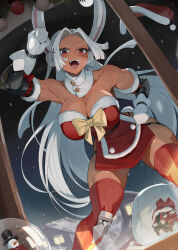 1girl absurdres animal_ears arm_bow bare_shoulders blush boku_no_hero_academia bow box breasts cleavage clenched_hand collar commentary commentary_request contrapposto dark-skinned_female dark_skin dress dress_bow fur-trimmed_dress fur_armlet fur_trim gift gift_box gloves gold_bow hand_on_own_hip hand_up hat highres kopam large_breasts leaning_forward long_eyelashes long_hair looking_at_viewer mechanical_arms mechanical_legs mirko night open_mouth parted_bangs partial_commentary pelvic_curtain rabbit_ears rabbit_girl rabbit_tail red_dress red_eyes red_thighhighs sack santa_dress santa_hat scar scar_on_face single_mechanical_leg snow snow_globe solo star_ornament strapless strapless_dress tail teeth thick_thighs thigh_strap thighhighs thighs toned toned_female uneven_eyes unworn_hat unworn_headwear upper_teeth_only very_long_hair white_collar white_gloves white_hair