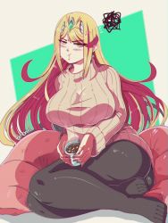 Rule 34 | 1girl, anger vein, ass, benbeau, black pantyhose, blonde hair, blush, breasts, closed mouth, coffee mug, cup, earrings, feet, green background, grey background, highres, jewelry, large breasts, legs, long hair, looking at viewer, matching hair/eyes, mug, mythra (xenoblade), pantyhose, pillow, pout, shiny clothes, simple background, sitting, solo, sweat, tiara, xenoblade chronicles (series), yellow eyes