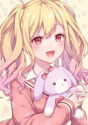 Rule 34 | 1girl, :d, blonde hair, hands up, hinata mizuiro, holding, holding stuffed toy, long sleeves, multicolored hair, open mouth, pink eyes, pink hair, project sekai, smile, solo, stuffed animal, stuffed toy, tenma saki, twintails