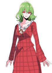 1girl adapted_costume green_hair highres kazami_yuuka long_sleeves looking_at_viewer plaid_clothes plaid_shirt plaid_skirt red_eyes red_shirt red_skirt shirt short_hair simple_background skirt solo tohoyuukarin touhou white_background