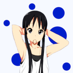 Rule 34 | 00s, 1girl, adjusting hair, akiyama mio, armpits, arms up, bad id, bad pixiv id, bare shoulders, black eyes, black hair, k-on!, kaiman, looking at viewer, mouth hold, official style, ponytail, solo, standing, tank top, upper body