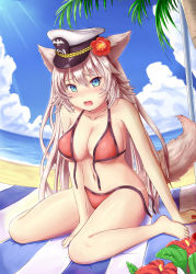 Rule 34 | 1girl, animal ears, bad id, bad pixiv id, blanket, blue eyes, blush, breasts, cleavage, day, dog ears, dog tail, flower, highres, large breasts, long hair, looking at viewer, looking away, looking down, lotpe, navel, open mouth, outdoors, palm tree, qurare magic library, silver hair, sitting, solo, tail, tan, tanline, teeth, tree, wardrobe malfunction, wariza