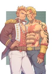 Rule 34 | 2boys, abs, absurdres, alternate eye color, bara, beowulf (fate), blonde hair, blue eyes, brown hair, bulge, commission, cross scar, denim, face-to-face, facial hair, fate/grand order, fate (series), goatee, hand on another&#039;s shoulder, highres, jeans, large pectorals, long sideburns, male focus, multiple boys, muscular, napoleon bonaparte (fate), navel, nipples, open clothes, open shirt, pants, pectoral cleavage, pectorals, rikigo, scar, scar on chest, topless male, short hair, shoulder tattoo, sideburns, tattoo, thighs, white pants, yaoi, yellow eyes