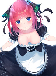 Rule 34 | &gt;:), 1girl, absurdres, alternate costume, apron, black dress, black ribbon, blue eyes, blunt bangs, blush, bowing, breasts, closed mouth, commentary request, curtsey, downblouse, dress, enmaided, go-toubun no hanayome, hair ribbon, highres, lace-trimmed apron, lace trim, looking at viewer, maid, medium breasts, nakano nino, outstretched hand, puffy short sleeves, puffy sleeves, red hair, ribbon, short sleeves, sidelocks, simple background, skirt hold, smile, solo, suisen-21, two side up, v-shaped eyebrows, waist apron, white apron, white background, wrist cuffs