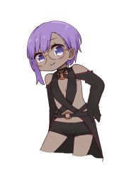 Rule 34 | 1girl, bare shoulders, bespectacled, black choker, black shorts, blush, brown-framed eyewear, choker, closed mouth, collarbone, cosplay, cowboy shot, cropped legs, dark-skinned female, dark skin, fate/prototype, fate/prototype: fragments of blue and silver, fate (series), glasses, hand on own hip, hassan of serenity (fate), i.u.y, leaning forward, long sleeves, o-ring, purple eyes, purple hair, short shorts, shorts, sidelocks, simple background, sleeves past wrists, smile, solo, white background, yu mei-ren (fate), yu mei-ren (fate) (cosplay), yu mei-ren (festival outfit) (fate)