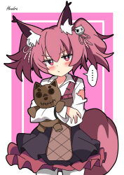 Rule 34 | ..., 1girl, absurdres, animal ear fluff, animal ears, arknights, black skirt, blush, border, closed mouth, collared shirt, crossed arms, fox ears, fox girl, frown, hair between eyes, hendra, highres, holding, holding stuffed toy, hugging object, inset border, layered skirt, long sleeves, looking at viewer, miniskirt, outside border, pantyhose, pink background, pink eyes, pink hair, pleated skirt, red skirt, shamare (arknights), shirt, short hair, short twintails, sidelocks, signature, simple background, skirt, solo, spoken ellipsis, stuffed animal, stuffed toy, suspender skirt, suspenders, teddy bear, twintails, v-shaped eyebrows, white border, white pantyhose, white shirt