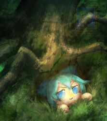 Rule 34 | 1girl, artist name, blue eyes, blue hair, bow, cirno, commentary, english commentary, fumo (doll), grass, hair bow, hiding, highres, short hair, skullchimes, smile, solo, sunlight, touhou, tree, tree shade, v-shaped eyebrows, watermark