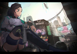 Rule 34 | 1girl, ad, arm belt, balcony, belt, black gloves, black hair, black thighhighs, blue hair, boots, breasts, building, can, car, cityscape, cloud, cloudy sky, crane (machine), crossed arms, day, drink can, earrings, eyelashes, fingerless gloves, fingernails, from below, girls&#039; frontline, gloves, green eyes, gun, hair between eyes, hanabusaraleigh, handgun, highres, holding, holding gun, holding weapon, hologram, jacket, jewelry, knee boots, knees up, large breasts, light smile, long hair, messy hair, mole, mole under eye, motor vehicle, multicolored hair, nail polish, neon lights, outdoors, overpass, parked car, power lines, python (girls&#039; frontline), revolver, road, screen, shorts, sign, single glove, sitting, sky, skyline, skyscraper, soda can, solo, street, suit jacket, thigh strap, thighhighs, tower, trigger discipline, two-tone hair, wall, weapon, white jacket, yellow nails