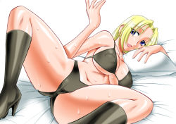 Rule 34 | 1girl, blonde hair, bra, breasts, dead or alive, female focus, large breasts, lying, mokkouyou bond, navel, nipples, panties, pillow, shoes, solo, spread legs, tecmo, tina armstrong, underwear, white background