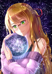 Rule 34 | 1girl, bare shoulders, breasts, brown hair, closed mouth, commission, fingernails, glasses, green eyes, hair ribbon, hands up, head tilt, long hair, looking away, medium breasts, off-shoulder sweater, off shoulder, orb, original, purple sweater, red ribbon, ribbon, smile, solo, sweater, upper body, very long hair, villyane