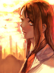 Rule 34 | 1girl, backlighting, bad id, bad pixiv id, evening, face, kitsune n, lips, long hair, looking at viewer, monochrome, original, parted lips, red hair, red theme, solo, sunlight, sunset