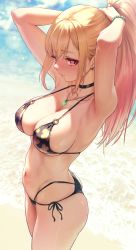 Rule 34 | 1girl, adjusting hair, armpits, arms up, ass, beach, bead bracelet, beads, bikini, black bikini, black choker, blonde hair, blush, bracelet, breasts, choker, cleavage, closed mouth, collarbone, day, earrings, floral print, from above, from side, highres, jewelry, kitagawa marin, large breasts, long hair, looking at viewer, looking to the side, multi-strapped bikini, navel, necklace, o-ring, o-ring bikini, pink hair, ponytail, print bikini, red eyes, sand, side-tie bikini bottom, sideboob, sidelocks, skindentation, solar (happymonk), solo, sono bisque doll wa koi wo suru, stomach, strap gap, swimsuit, thighs, tying hair, water