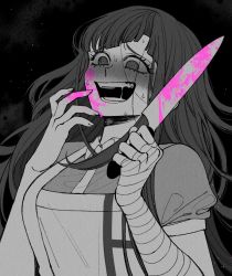 Rule 34 | 1girl, apron, bad id, bad twitter id, bandaged arm, bandages, black background, blood, blood on face, blood on hands, bloody weapon, bong (0u0bon), danganronpa (series), danganronpa 2: goodbye despair, gradient background, hands up, holding, holding weapon, knife, long hair, looking at viewer, mole, mole under eye, monochrome, open mouth, pink blood, puffy short sleeves, puffy sleeves, short sleeves, solo, sweat, teeth, tsumiki mikan, upper body, weapon