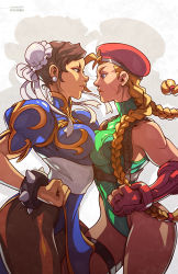 Rule 34 | 2girls, beret, blonde hair, blue eyes, braid, breast press, breasts, cammy white, capcom, chinese clothes, chun-li, derivative work, edwin huang, eye contact, face-to-face, hat, highres, large breasts, leotard, looking at another, md5 mismatch, multiple girls, pantyhose, puffy sleeves, sash, street fighter, symmetrical docking, twin braids