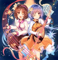 Rule 34 | 2girls, ;), ;o, album cover, beamed eighth notes, biwa lute, black skirt, blush, breasts, brown eyes, brown hair, chain, commentary request, cover, cuffs, dress, eighth note, feet out of frame, flower, hair flower, hair ornament, hairband, holding, holding instrument, instrument, kirero, leaf, long hair, long sleeves, looking at viewer, low twintails, lute (instrument), multiple girls, musical note, one eye closed, open mouth, orange dress, petticoat, purple hair, purple hairband, shackles, sheet music, shirt, short hair, siblings, sisters, skirt, small breasts, smile, staff (music), tears, touhou, tsukumo benben, tsukumo yatsuhashi, twintails, very long hair, white flower, white shirt