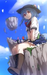 Rule 34 | 1girl, :3, alternate hairstyle, between legs, blouse, blue hair, blue skirt, blue sky, boots, cloud, cross-laced footwear, day, floating, floating object, food, fruit, hand between legs, hat, hinanawi tenshi, keystone, lace-up boots, looking at viewer, peach, puffy short sleeves, puffy sleeves, rainbow order, red eyes, ribbon, rock, shirt, short hair, short sleeves, sitting, sitting on rock, skirt, sky, smile, solo, terimayo, touhou, wavy mouth, white shirt