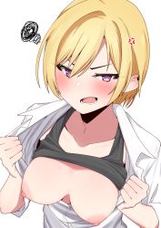 Rule 34 | 1girl, anger vein, angry, black tank top, blonde hair, blush, breasts, breasts out, clothes lift, collarbone, collared shirt, commentary request, dress shirt, fang, hair between eyes, hands up, highres, idolmaster, idolmaster shiny colors, looking at viewer, lower teeth only, medium breasts, minakamirin, nipples, no bra, open mouth, partially unbuttoned, purple eyes, saijo juri, shirt, shirt lift, short hair, short sleeves, simple background, solo, squiggle, tank top, teeth, upper body, v-shaped eyebrows, white background, white shirt