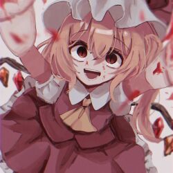 Rule 34 | 1girl, arms up, ascot, blonde hair, blood, blood on face, cowboy shot, crystal wings, dress, embodiment of scarlet devil, flandre scarlet, from above, hat, highres, looking at viewer, mob cap, open mouth, red dress, red eyes, shirasu bo, side ponytail, simple background, solo, touhou, white background, yellow ascot