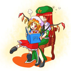 Rule 34 | 2girls, :d, angry, arinu, blonde hair, book, bow, chair, drooling, fang, female focus, flandre scarlet, fume, hat, hat ribbon, hong meiling, multiple girls, open mouth, red eyes, ribbon, side ponytail, sitting, sitting on lap, sitting on person, sleeping, smile, star (symbol), embodiment of scarlet devil, touhou, wings