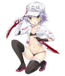 Rule 34 | 10s, 1girl, :o, arm up, black footwear, black panties, black thighhighs, blood, blood on clothes, blood on face, blush, boots, clothes writing, collarbone, commentary request, cosplay, cropped jacket, dagger, dual wielding, facial scar, fate/grand order, fate (series), fingerless gloves, flat cap, full body, gloves, green eyes, hair between eyes, hat, hataraku saibou, holding, holding dagger, holding knife, holding weapon, jack the ripper (fate/apocrypha), jacket, knife, looking at viewer, navel, nikoo, on one knee, open clothes, open jacket, panties, parted lips, scar, scar across eye, scar on cheek, scar on face, silver hair, simple background, solo, thigh boots, thighhighs, underwear, weapon, white background, white blood cell (hataraku saibou), white blood cell (hataraku saibou) (cosplay), white hat, white jacket