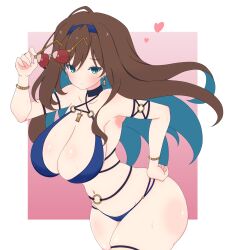 Rule 34 | 1girl, aqua hair, arched back, arm strap, arm up, assault lily, bare shoulders, bikini, black choker, blue bikini, blue hairband, blush, border, bracelet, breasts, brown hair, choker, cleavage, closed mouth, collarbone, colored inner hair, commentary request, cowboy shot, criss-cross halter, earrings, gradient background, green eyes, hair between eyes, hairband, halterneck, hand on own hip, heart, highres, holding, holding removed eyewear, ishizuka fujino, jewelry, large breasts, long hair, looking at viewer, misaki naoe, multi-strapped bikini bottom, multicolored hair, navel, o-ring, o-ring bikini, o-ring top, official alternate costume, outside border, pink background, red-tinted eyewear, single earring, smile, solo, standing, stomach, sunglasses, sweat, swimsuit, thigh strap, tinted eyewear, two-tone hair, unworn eyewear, very long hair, white border