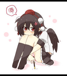 Rule 34 | 1girl, black hair, black skirt, black wings, blush, closed mouth, commentary request, feathered wings, frilled skirt, frills, full body, hair between eyes, hat, highres, holding, holding pen, hugging own legs, knees up, letterboxed, mini hat, nib pen (object), no shoes, panties, pen, pink panties, polka dot, polka dot panties, puffy short sleeves, puffy sleeves, red eyes, red hat, shameimaru aya, shirt, short sleeves, sitting, skirt, socks, solo, spoken squiggle, squiggle, sweat, tiptoes, tokin hat, totoharu (kujirai minato), touhou, underwear, white background, white shirt, wings