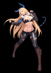 Rule 34 | 1girl, belt, black background, black belt, black gloves, black pants, blonde hair, blue bow, blue eyes, boots, bow, breasts, brown footwear, cleavage, commentary, commission, english commentary, fingerless gloves, full body, gloves, hands up, highres, large breasts, long hair, long sleeves, looking at viewer, navel, original, pants, parted lips, simple background, siun, smile, solo, striped tail, tail, torn clothes, torn pants