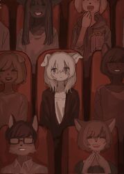 Rule 34 | 1boy, 6+girls, ^ ^, animal ears, closed eyes, collarbone, commentary, crying, dog girl, eating, fang, food, fox girl, furry, furry female, furry male, glasses, highres, hikousen11, holding, holding food, jacket, laughing, long hair, looking at viewer, movie theater, multiple girls, original, popcorn, purple eyes, shirt, short hair, sitting, smile, tears, teeth