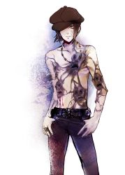 Rule 34 | 1boy, bad id, bad twitter id, bare pectorals, black hair, cowboy shot, denim, expressionless, face, hands on own hips, hat, jeans, jewelry, male focus, marureenu, necklace, nitta isamu, one eye covered, pants, pectorals, ring, shin megami tensei, shin megami tensei iii: nocturne, simple background, skull, solo, standing, tagme, topless male, white background, yellow eyes