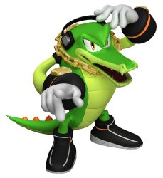 Rule 34 | 1boy, absurdres, furry, furry male, gloves, highres, male focus, no humans, reptile, sega, solo, sonic (series), transparent background, vector the crocodile, yellow eyes