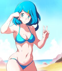 Rule 34 | 1girl, alternate costume, beach, bikini, blush, breasts, bright pupils, cleavage, closed mouth, cloud, collarbone, commentary request, cowboy shot, creatures (company), day, ero kaeru, freckles, game freak, green bikini, green eyes, hair ornament, hairclip, hands up, lana&#039;s mother (pokemon), long hair, looking down, mature female, medium breasts, navel, nintendo, no sclera, outdoors, pokemon, pokemon (anime), pokemon sm (anime), sand, sky, smile, solo, swimsuit, v, white pupils