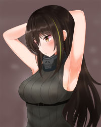 Rule 34 | 1girl, armpits, arms behind head, arms up, black eyes, black hair, breasts, cla (finesoda), girls&#039; frontline, green hair, highres, large breasts, long hair, m4a1 (girls&#039; frontline), multicolored hair, ribbed sweater, scarf, sleeveless, sleeveless sweater, solo, streaked hair, sweater, two-tone hair, upper body