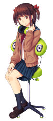 Rule 34 | 1girl, black socks, brown eyes, brown footwear, brown hair, cardigan, chair, from side, full body, hair ornament, headphones, kitiroku, kneehighs, loafers, long sleeves, looking at viewer, neckerchief, open cardigan, open clothes, original, pleated skirt, red neckerchief, school uniform, serafuku, shoes, short hair, short twintails, simple background, sitting, skirt, smile, socks, solo, twintails, two side up, white background