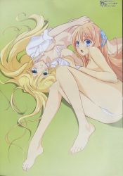 Rule 34 | 00s, 2girls, :o, ahoge, aqua eyes, ass, barefoot, blonde hair, blue eyes, blush, breasts, brown hair, cameltoe, cleavage, dress shirt, embarrassed, feet, fetal position, fingernails, from above, fujii maki, green eyes, grin, hair between eyes, hair spread out, highres, holding hands, interlocked fingers, kyoushirou to towa no sora, legs, long fingernails, long hair, looking at viewer, looking back, lying, magazine scan, medium breasts, megami magazine, multiple girls, navel, no bra, no panties, non-web source, official art, on back, on side, open clothes, open mouth, open shirt, orange hair, panties, panties only, parted lips, scan, setsuna, setsuna (kyoushirou to towa no sora), shadow, shiratori kuu, shirt, sideboob, sleeves rolled up, smile, surprised, thighs, thong, toes, topless, underwear, underwear only, very long hair, volume80, white panties, yuri