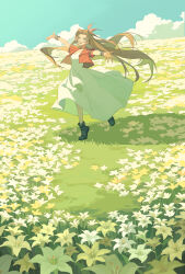 Rule 34 | 1girl, absurdres, aerith gainsborough, bangle, boots, bracelet, breasts, brown footwear, brown hair, cloud, cloudy sky, cropped jacket, dancing, dododo, dress, field, final fantasy, final fantasy vii, final fantasy vii remake, flower, flower field, grass, green eyes, hair ribbon, highres, jacket, jewelry, lily (flower), long dress, long hair, looking at viewer, medium breasts, open mouth, outdoors, outstretched arms, parted bangs, pink ribbon, ponytail, red jacket, ribbon, short sleeves, sky, smile, solo, white flower, yellow flower