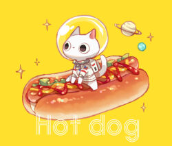 Rule 34 | american flag, cat, food, food name, helmet, hot dog, hot dog bun, ketchup, mustard, on food, original, planet, saturn (planet), sausage, space helmet, spacesuit, suzaku (zaku6584), white cat