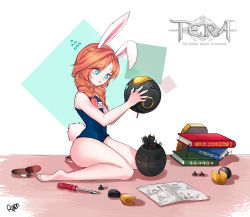 Rule 34 | 1girl, animal ears, artist request, barefoot, blue eyes, book, braid, brown hair, rabbit ears, rabbit tail, elin, flying sweatdrops, highres, legs, long hair, one-piece swimsuit, open mouth, robot, sandals, unworn sandals, school swimsuit, screwdriver, sitting, solo, swimsuit, tail, tera online, twin braids, twintails