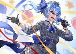 Rule 34 | 1girl, blue eyes, blue hair, fingerless gloves, gloves, hat, highres, hololive, hoshimachi suisei, looking at viewer, open mouth, petcha the o, side ponytail, smile, solo, virtual youtuber
