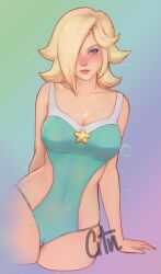 Rule 34 | 1girl, arm support, artist name, bare shoulders, blonde hair, blue eyes, blue one-piece swimsuit, blush, breasts, brooch, bubble, cameltoe, citri, cleavage, clothing cutout, collarbone, covered navel, cowboy shot, eyelashes, hair over one eye, highres, jewelry, large breasts, lips, long hair, mario (series), nintendo, one-piece swimsuit, parted lips, rosalina, seductive smile, signature, simple background, smile, solo, star (symbol), star brooch, super mario galaxy, swimsuit, thighs