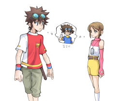 Rule 34 | 1boy, 1girl, belt, brown hair, digimon, fingerless gloves, gelato ss1, gloves, goggles, goggles on head, kudou taiki, latte s3, looking at another, short hair, simple background, white background, yagami hikari, yagami taichi