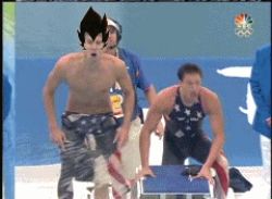 Rule 34 | animated, animated gif, black hair, blonde hair, dragon ball, lowres, michael phelps, multiple boys, open mouth, parody, photo (medium), shouting, solo focus, super saiyan, third-party edit, topless male, what