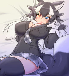 Rule 34 | 1girl, animal ears, bed, between breasts, black thighhighs, blue eyes, blush, breast pocket, breasts, commentary, commentary request, fur collar, gloves, grey wolf (kemono friends), heterochromia, highres, kemono friends, large breasts, long hair, looking at viewer, lying, mo23, multicolored hair, necktie, necktie between breasts, on back, open mouth, pocket, solo, tail, thighhighs, two-tone hair, white gloves, wolf ears, wolf girl, wolf tail, yellow eyes, zettai ryouiki