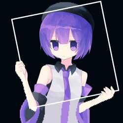 Rule 34 | 1girl, abj3 0, bare shoulders, black background, black beret, black hat, black skirt, breasts, closed mouth, collared shirt, detached sleeves, grey shirt, hashtag-only commentary, hat, highres, holding, holding frame, jitome, looking at viewer, necktie, pixel art, purple eyes, purple hair, purple necktie, shirt, short hair, simple background, skirt, sleeveless, sleeveless shirt, small breasts, solo, upper body, utane uta, utau