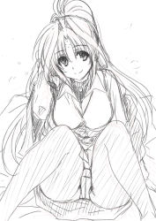 Rule 34 | 1girl, breasts, collared shirt, facial mark, forehead mark, greyscale, hair intakes, highres, jewelry, large breasts, lindy harlaown, long hair, long sleeves, looking at viewer, lyrical nanoha, mahou shoujo lyrical nanoha, mature female, mitarashi kousei, monochrome, necklace, off shoulder, panties, panties under pantyhose, pantyhose, pantyshot, parted bangs, ponytail, shirt, simple background, sitting, sketch, skirt, smile, solo, spread legs, turtleneck, underwear, white background, wide ponytail
