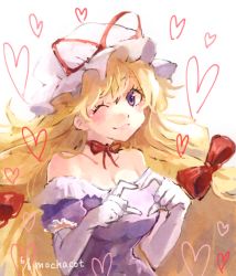 Rule 34 | 1girl, artist name, bad id, bad twitter id, blonde hair, bow, breasts, choker, cleavage, dated, elbow gloves, gloves, hair bow, hair ornament, hat, hat ribbon, heart, heart hands, large breasts, long hair, mob cap, mochacot, off shoulder, one eye closed, puffy sleeves, purple eyes, ribbon, ribbon choker, short sleeves, simple background, smile, solo, touhou, upper body, white background, white gloves, yakumo yukari