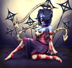 Rule 34 | 1girl, bare shoulders, blue skin, breasts, cleavage, colored skin, detached collar, detached sleeves, dress, female focus, hair over one eye, high heels, highres, leviathan (skullgirls), monster girl, red eyes, side ponytail, skullgirls, squigly (skullgirls), stitched mouth, stitches, striped legwear, striped sleeves, zombie