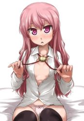 Rule 34 | 1girl, :o, black thighhighs, blush, bow, bow panties, flat chest, long hair, louise francoise le blanc de la valliere, no pants, open clothes, open mouth, open shirt, panties, pentacle, petite, pink eyes, pink hair, shirt, simple background, sitting, solo, thighhighs, ttomm, underwear, zero no tsukaima