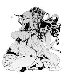 Rule 34 | 10s, 2girls, abyssal ship, bad id, bad pixiv id, black hair, boots, breasts, detached sleeves, dress, fishine, gothic lolita, greyscale, heart, horns, isolated island oni, kantai collection, large breasts, lolita fashion, long hair, monochrome, multiple girls, seaport princess, short dress, simple background, single horn, smile, sweater, sweater dress, thighs, weapon, white hair